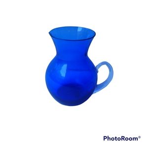 Vintage Enesco Hand Blown Art Glass Cobalt Blue Miniature Handled Pitcher